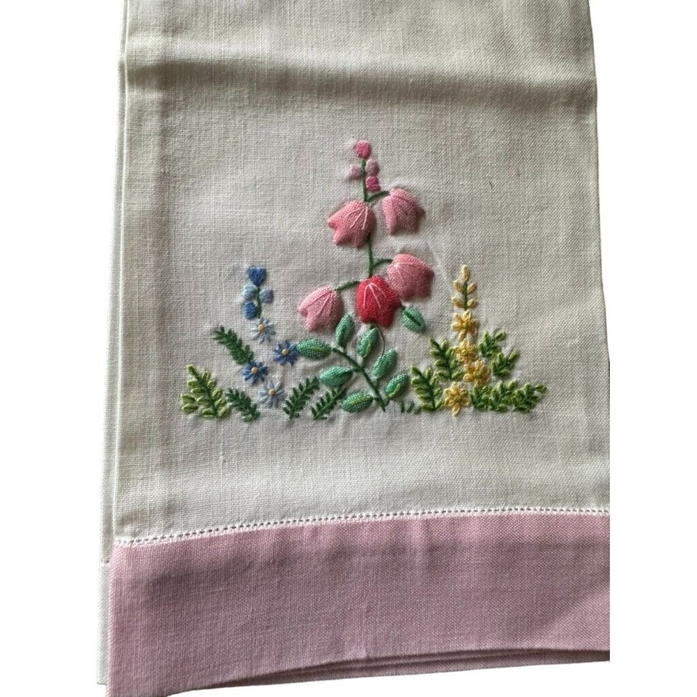 Set Of 2 Hand-Embroidered Floral Linen Tea Towels With Blue & Pink Borders - Picture 3 of 4